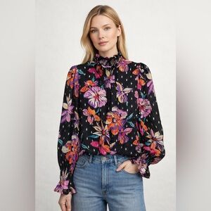 Fate Black Multi Color Floral Ruffle Neck Blouse Romantic Boho Cottagecore Top M